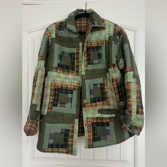 Patch magic unisex reversible button up Tan Plaid Jacket - Picture 3 of 14